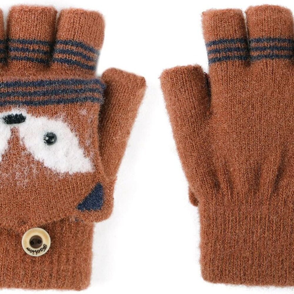 Cartoon Convertible Flip Top Gloves Toddler Kids Winter Wool Knit Fingerless Glo - Picture 4 of 7